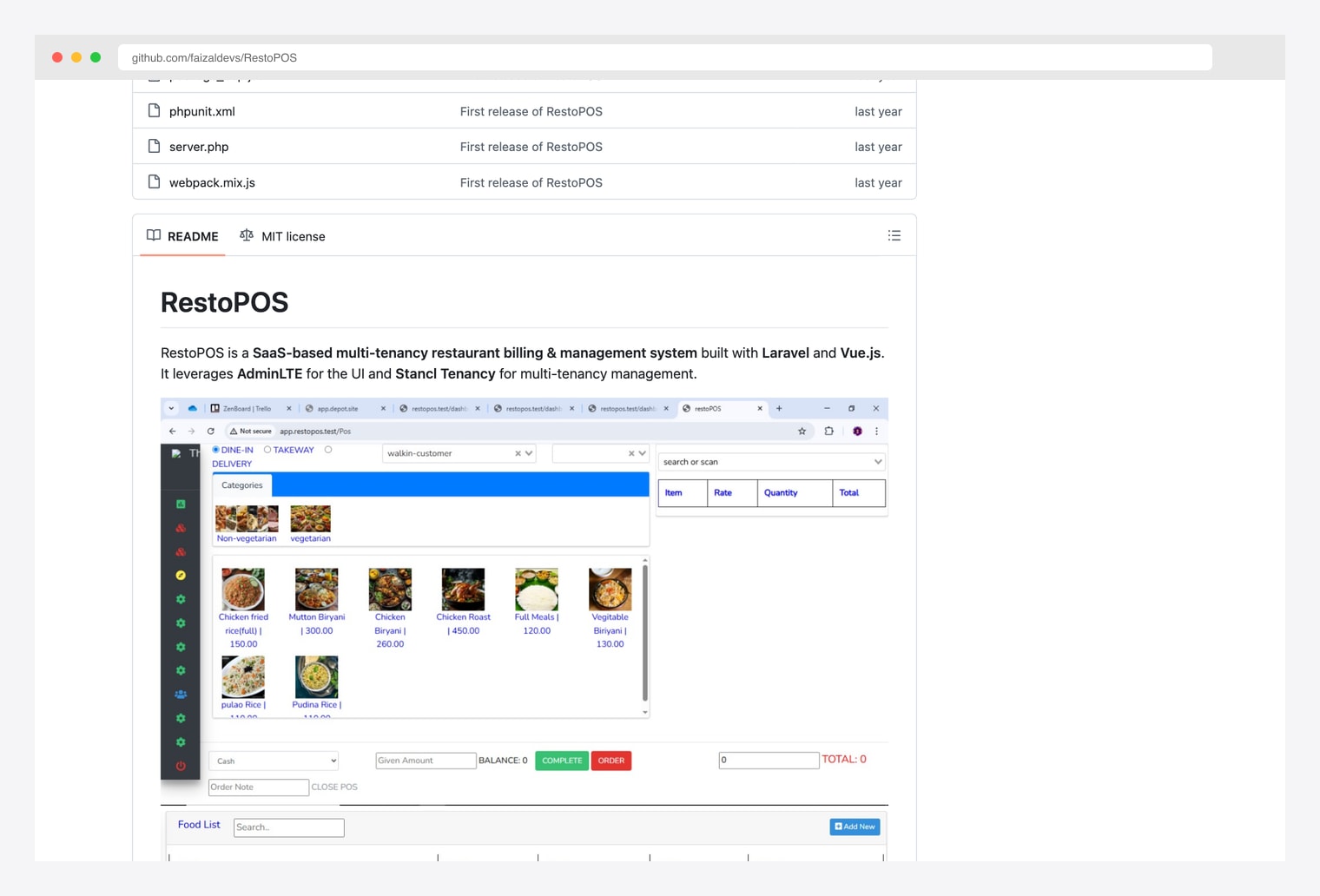 RestoPOS by faizaldevs — cloud-based SaaS restaurant billing and management system built with Laravel and Vue.js, GitHub README describing multi-tenancy via Stancl Tenancy, AdminLTE-based UI, MIT license, and features for billing, order management, inventory tracking, and multi-restaurant isolation
