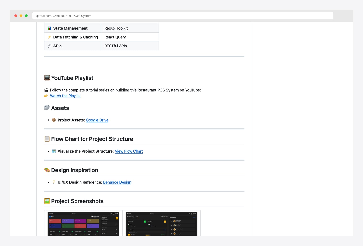 Restaurant POS System by amritmaurya1504 — full-featured Restaurant POS System built using the MERN Stack (MongoDB, Express, React, Node.js), GitHub README listing features for order management, customer experience, payment processing, inventory tracking, and table reservation