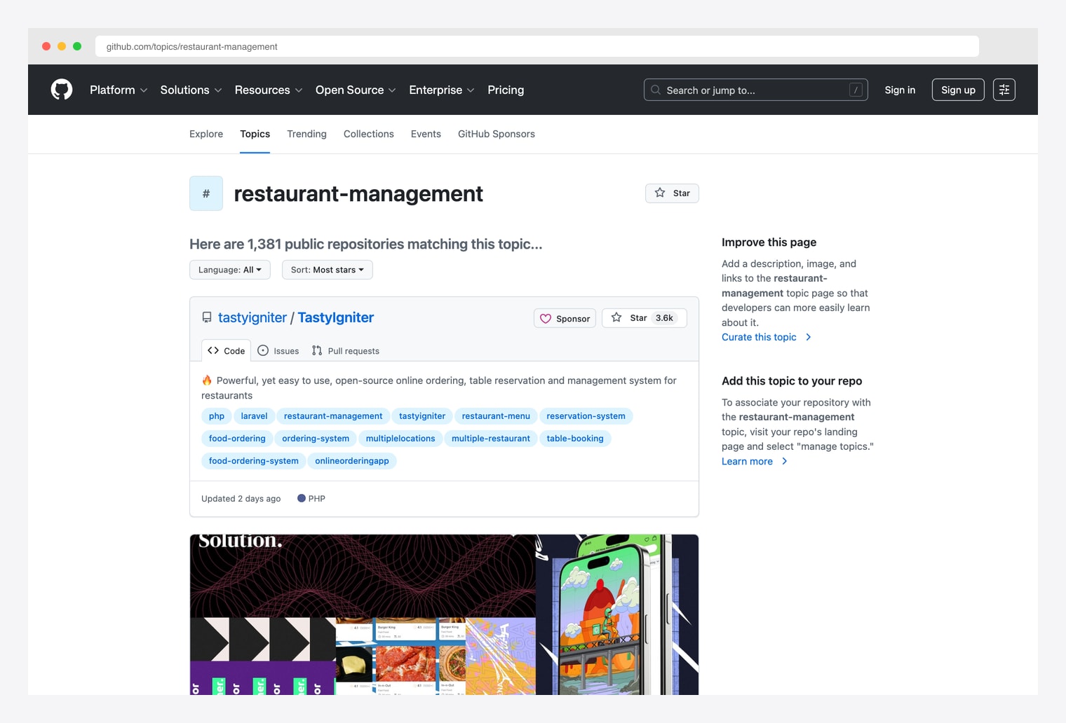 GitHub topic restaurant-management — directory of public open-source repositories tagged restaurant-management, sorted by stars, showing the wider ecosystem of free restaurant admin / POS / reservation systems beyond the picks above