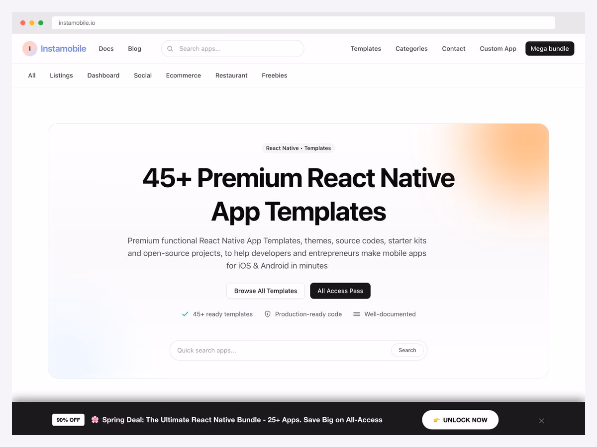 Instamobile — premium React Native app templates including UberEats clone, Tinder clone, Airbnb clone with Firebase + Stripe