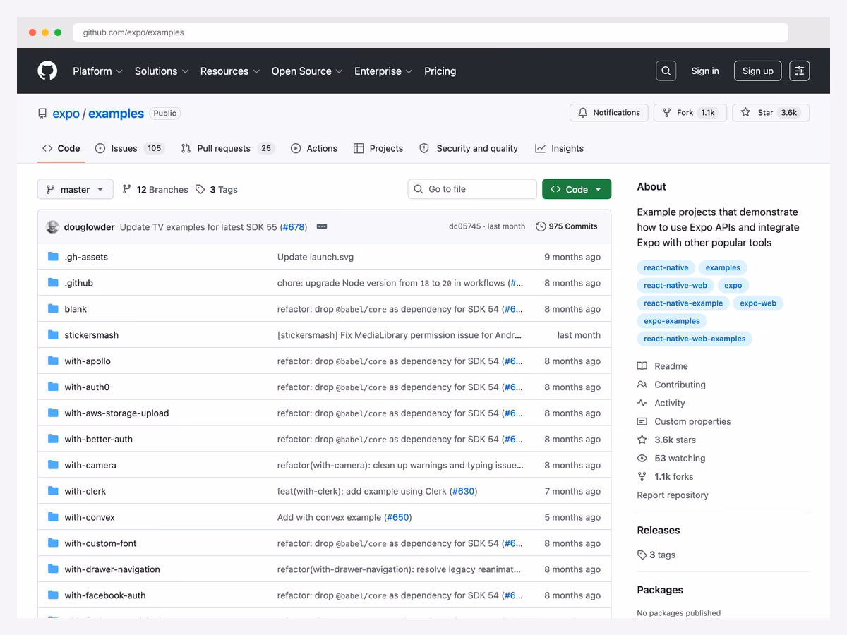 Expo Examples — 3.6k star official Expo starter blank template plus 80+ integration examples