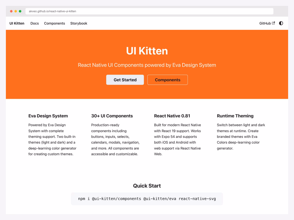 UI Kitten by Akveo — 10.7k star Eva Design System component library plus 7.3k star Kitten Tricks starter with 40+ screens