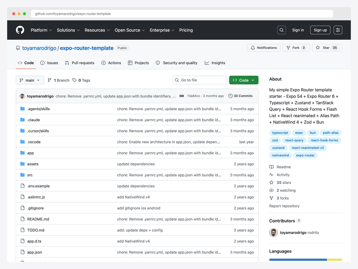 Expo Router Template by toyamarodrigo — Expo 52 + Expo Router 4 + TypeScript + Zustand + TanStack Query + Zod + NativeWind 4