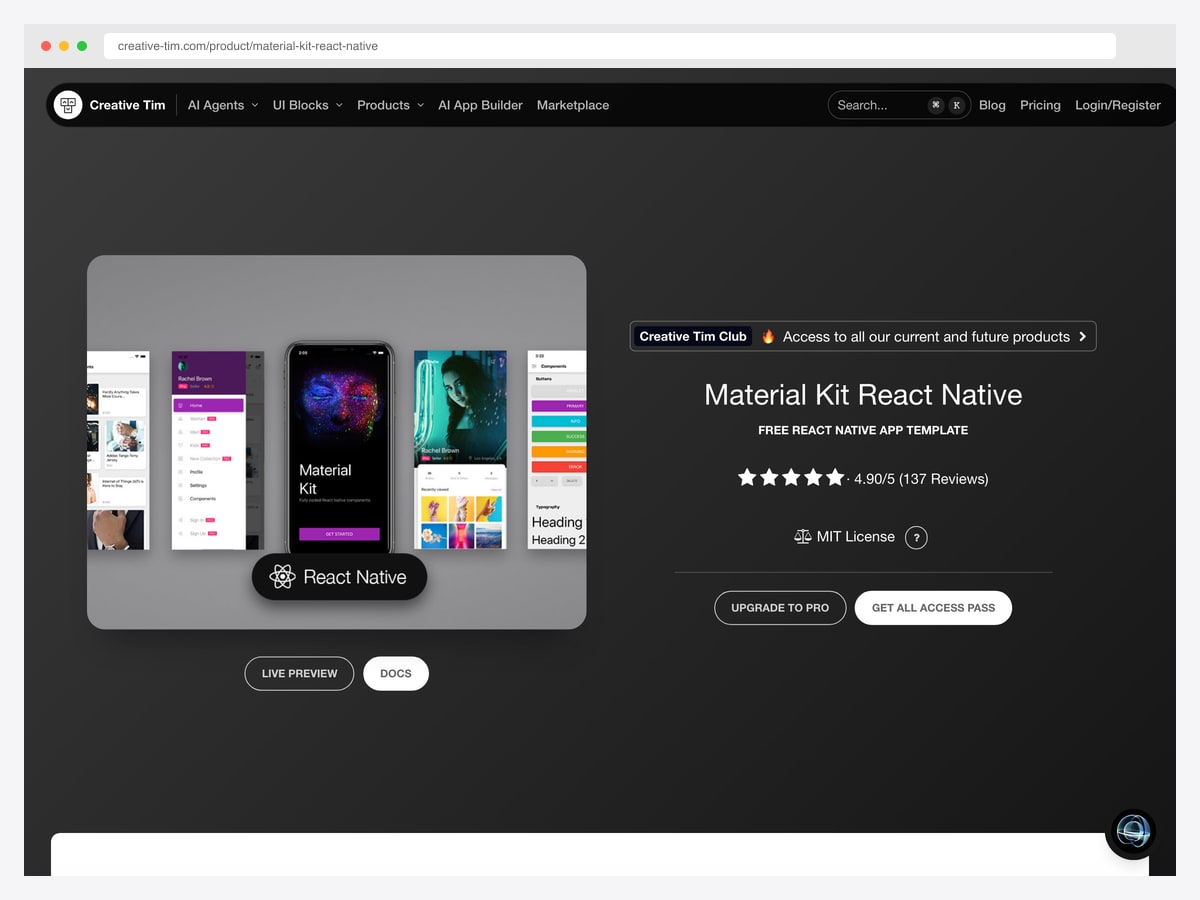 Material Kit React Native by Creative Tim — 45k+ downloads, free Material Design React Native app template