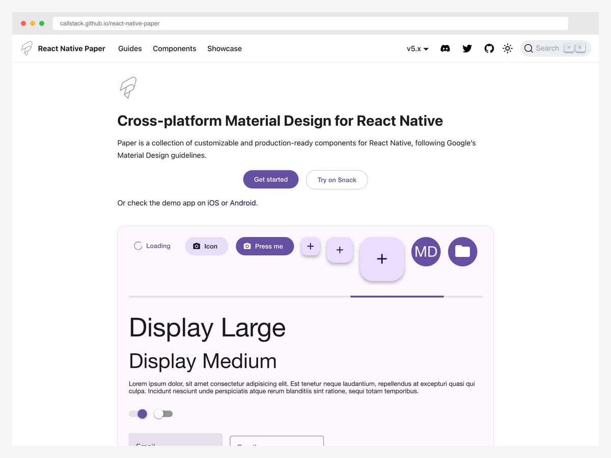 React Native Paper — Material Design 3 component library by Callstack with built-in dark mode and accessibility