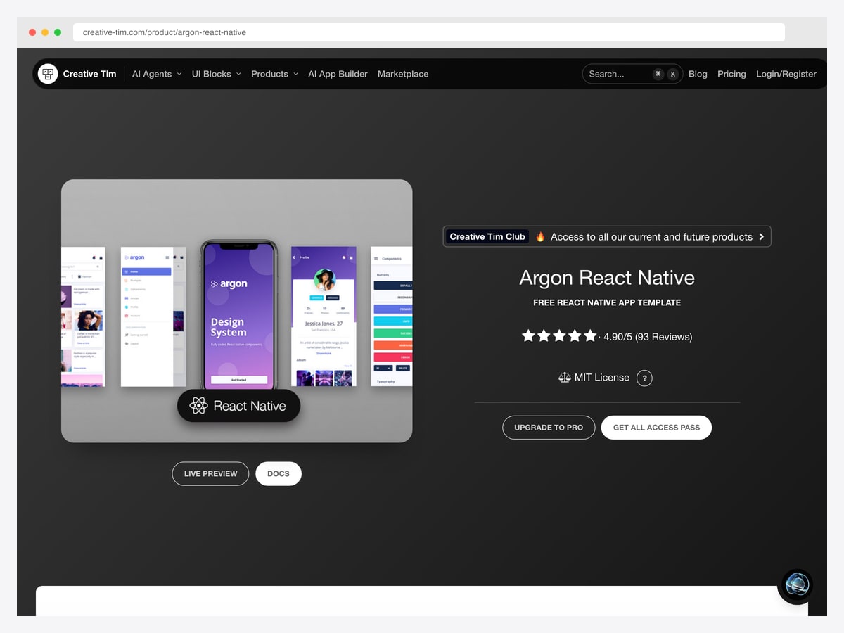 Argon React Native by Creative Tim — 44k+ downloads, free Argon design React Native template with iOS and Android