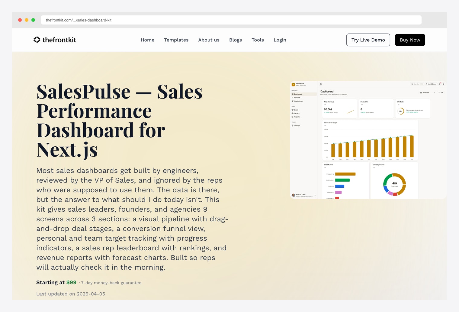 TheFrontKit Sales Dashboard Kit — premium Next.js 16 + Tailwind 4 + React 19 + shadcn/ui sales dashboard template product page with preview showing sales pipeline kanban, revenue forecasting charts, deal-stage funnels, team-performance leaderboards, and customer / opportunity management screens
