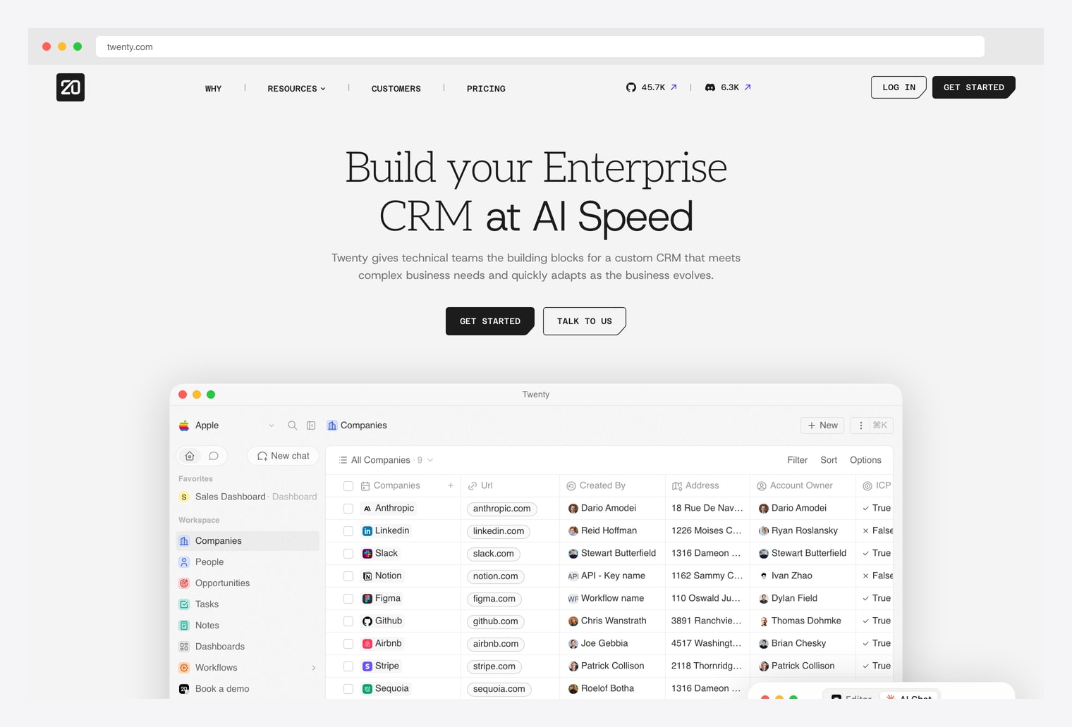 Twenty — open-source Salesforce alternative homepage with hero promoting the AI-first design, no-code data modeling with auto-generated APIs, technical-team-friendly custom workflows, GPL license, self-hosting and cloud deployment options, and preview of the kanban-style sales pipeline with deal cards
