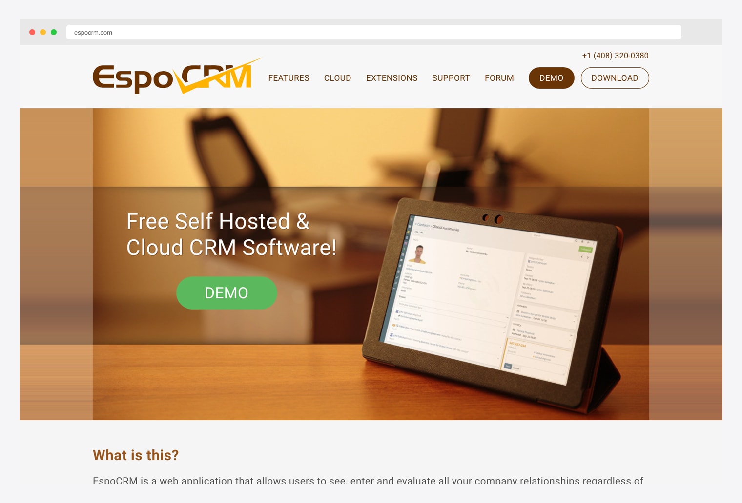 EspoCRM — free open-source CRM homepage with hero showing the leads, contacts, sales opportunities, marketing campaigns, and support cases management positioning, no-code customization, visual process automation, and drag-and-drop configuration accessible without dev team