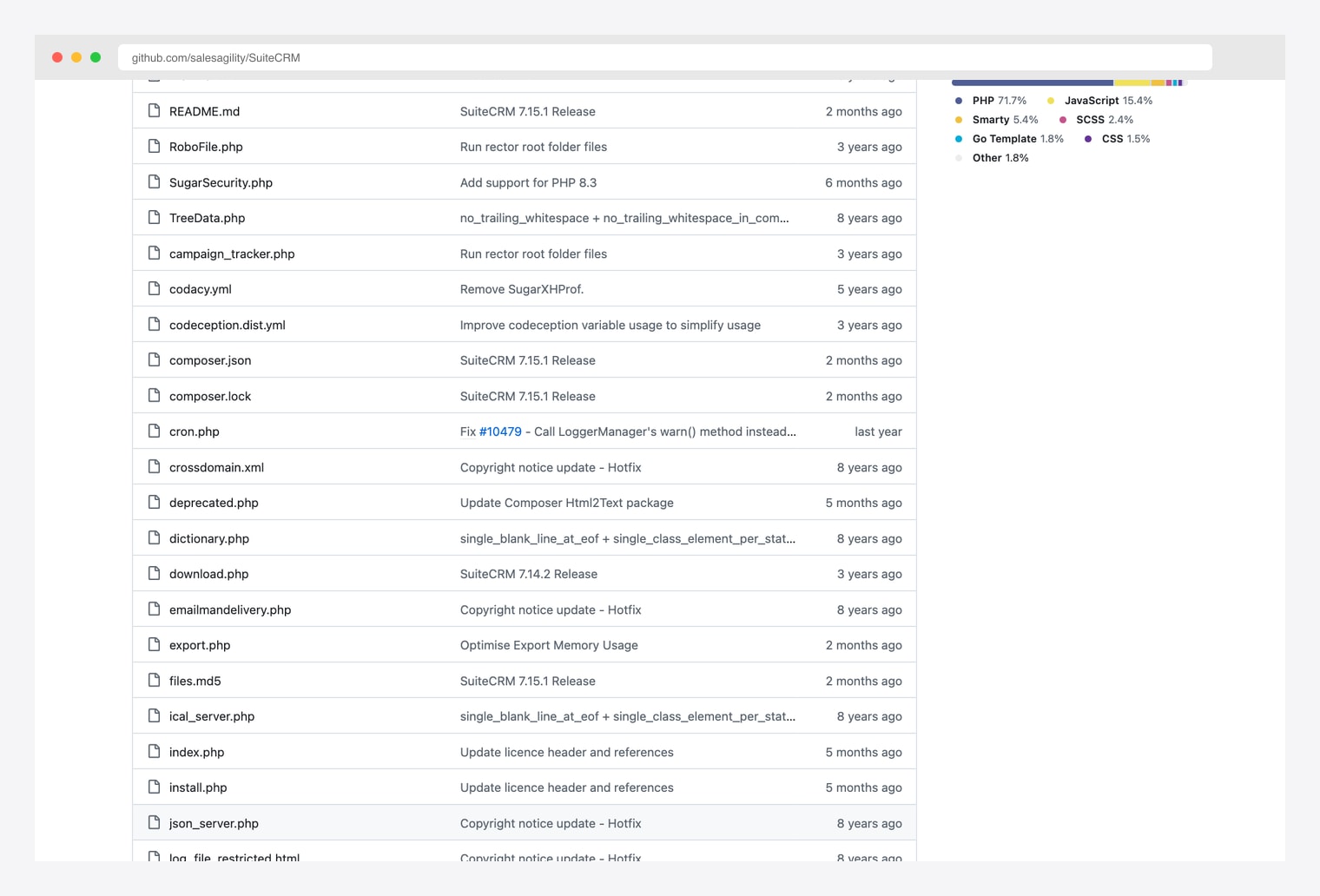 SuiteCRM by salesagility — open-source CRM GitHub README documenting the full enterprise feature set (sales, marketing, customer service automation, contacts, pipelines, reporting, email, cases, quotes) under AGPL license, with 5 million users and broad community plugin ecosystem