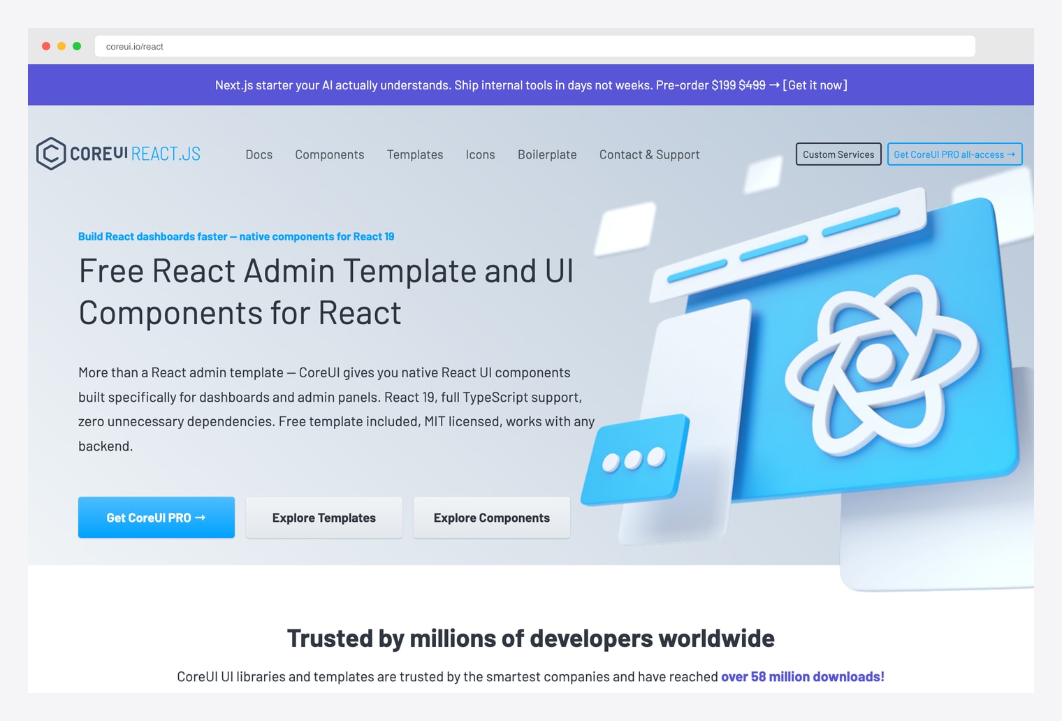 CoreUI React — free open-source Bootstrap-based admin dashboard template homepage with React 19 + Bootstrap 5 production-ready foundation, 30+ reusable components, customizable layouts, color themes, Chart.js integrations, and responsive sidebar navigation adaptable to sales analytics surfaces