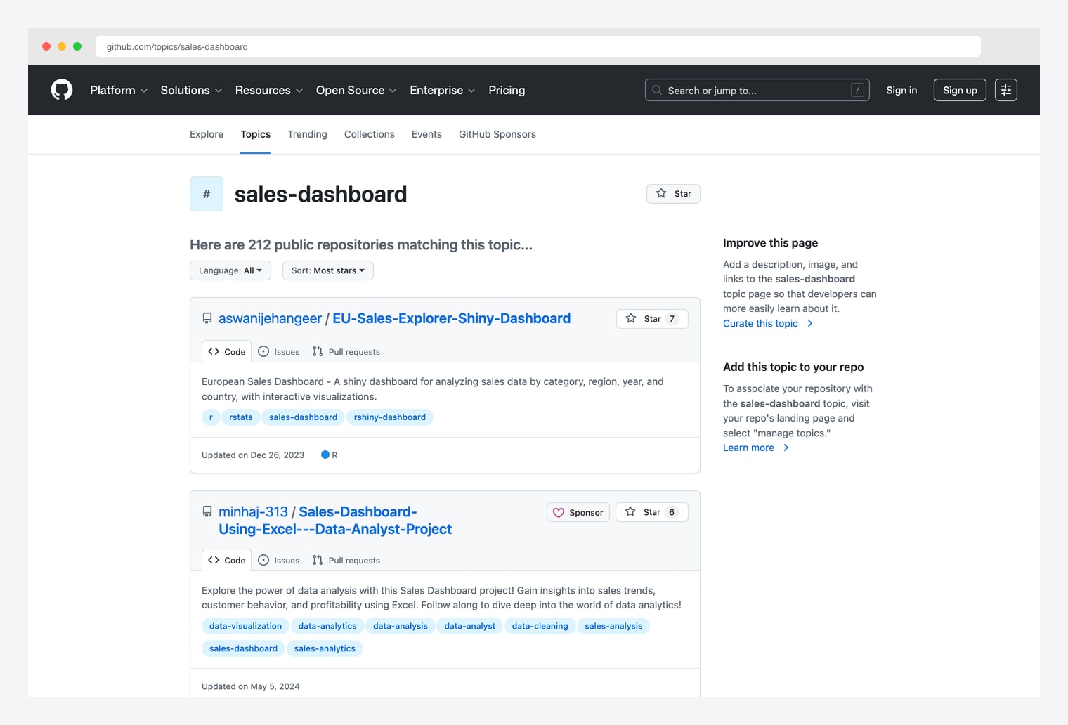 GitHub topic sales-dashboard — directory of public open-source sales dashboard repositories tagged sales-dashboard, showing the wider ecosystem of free sales pipeline tools, CRM integrations, and analytics platforms beyond the picks above
