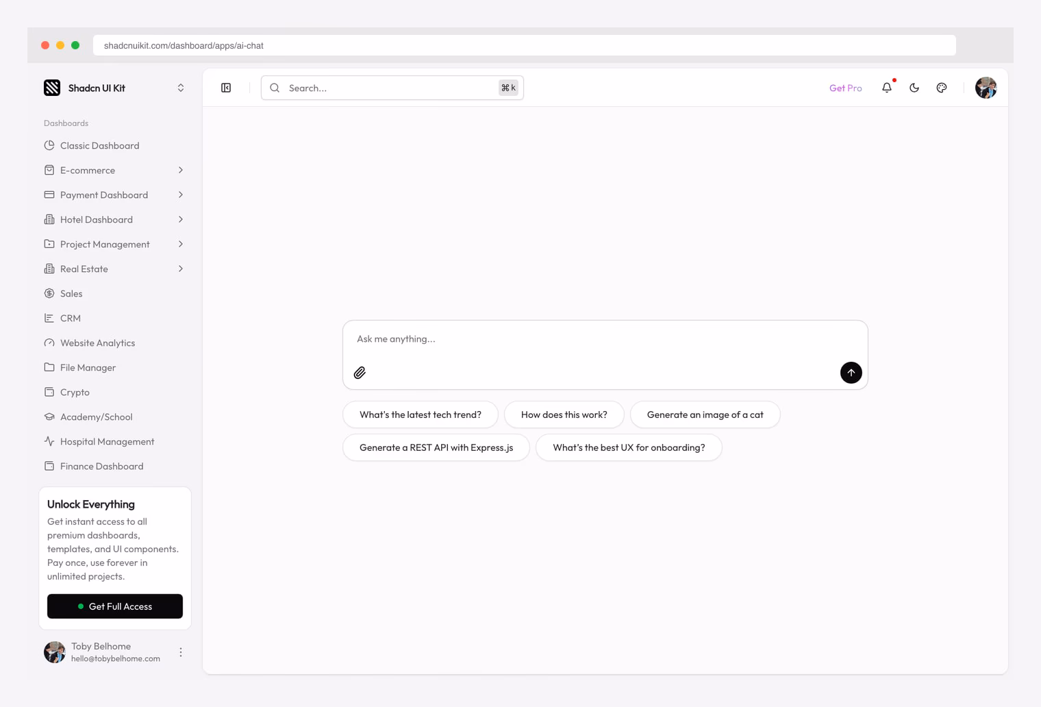 Shadcn UI Kit — AI Chat dashboard template