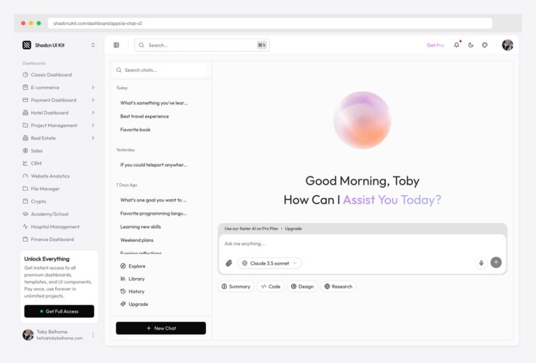 Shadcn UI Kit — AI Chat V2 with conversation history sidebar