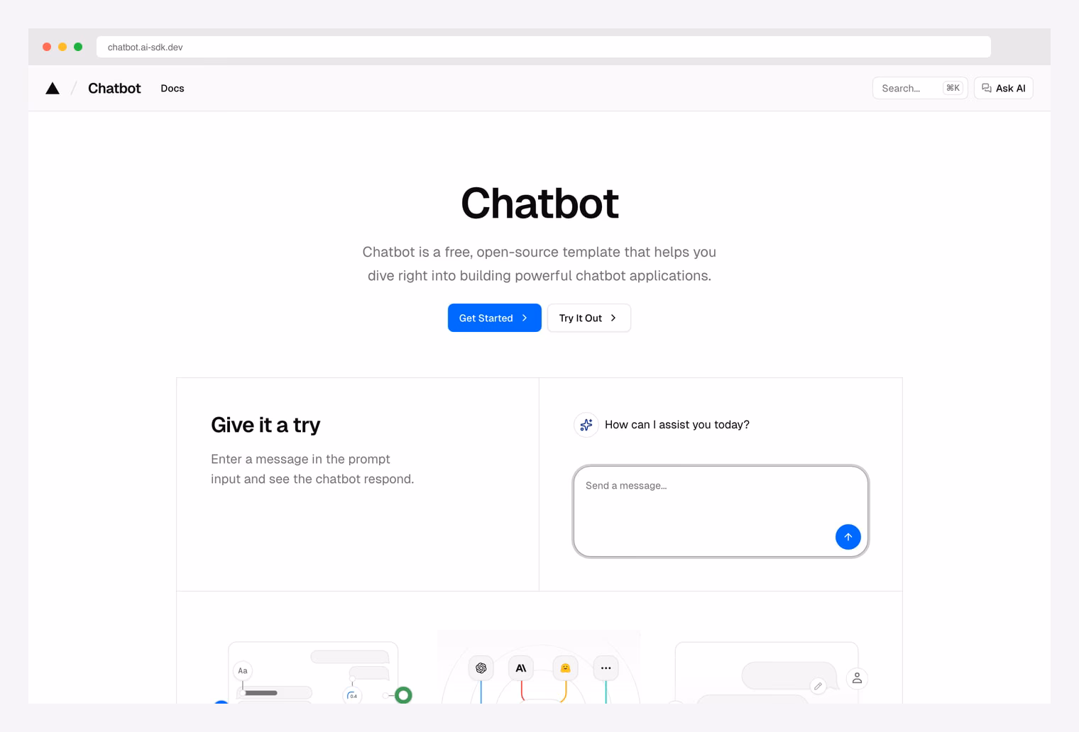Vercel AI Chatbot — Next.js + AI SDK + shadcn/ui template