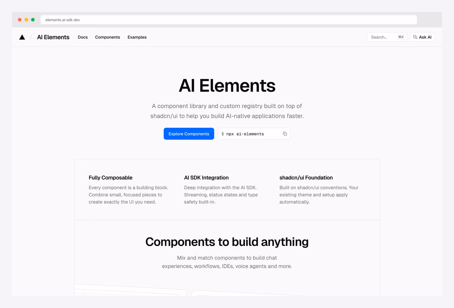 AI Elements by Vercel — shadcn/ui component library for AI apps