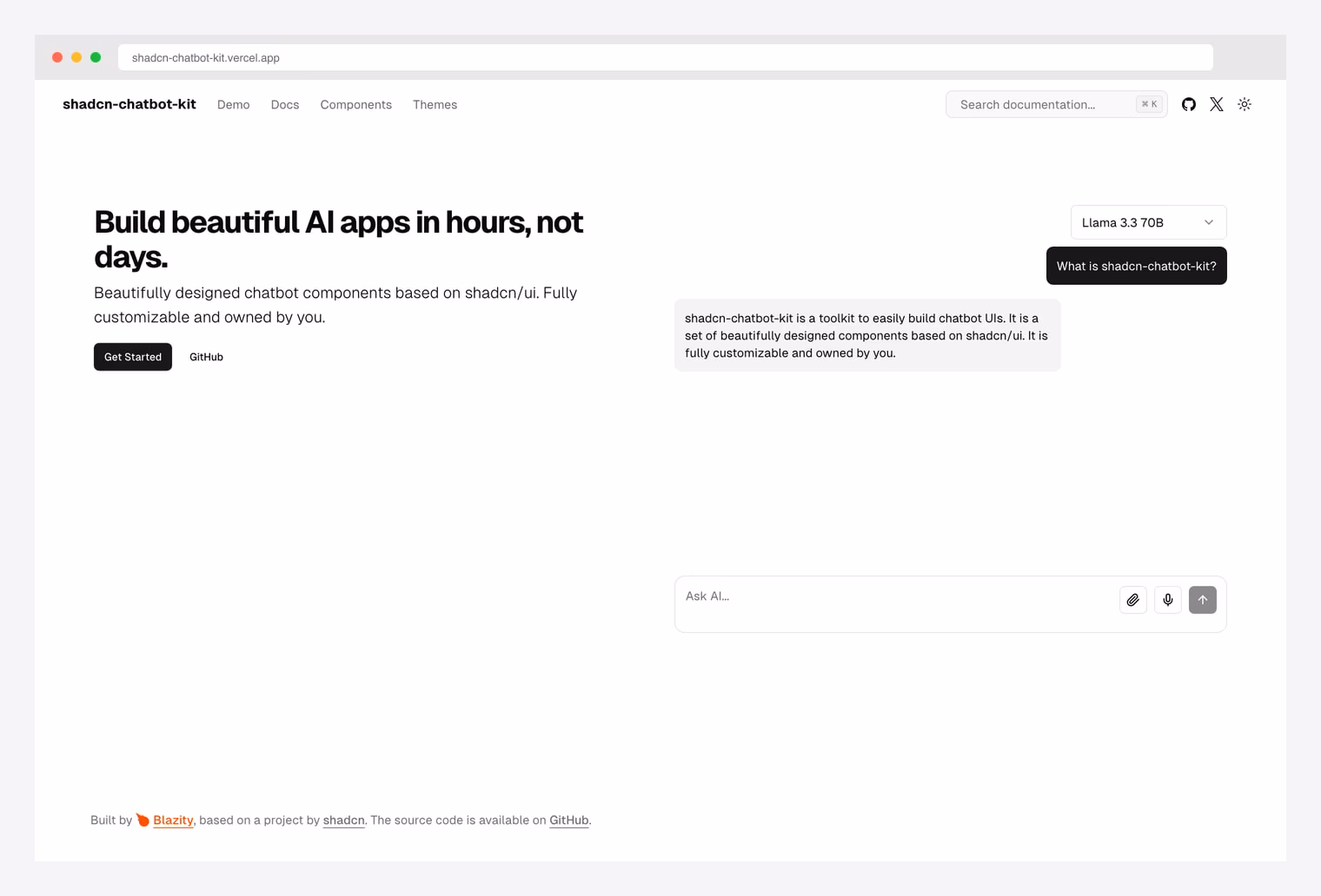 shadcn-chatbot-kit by Blazity — chatbot components based on shadcn/ui