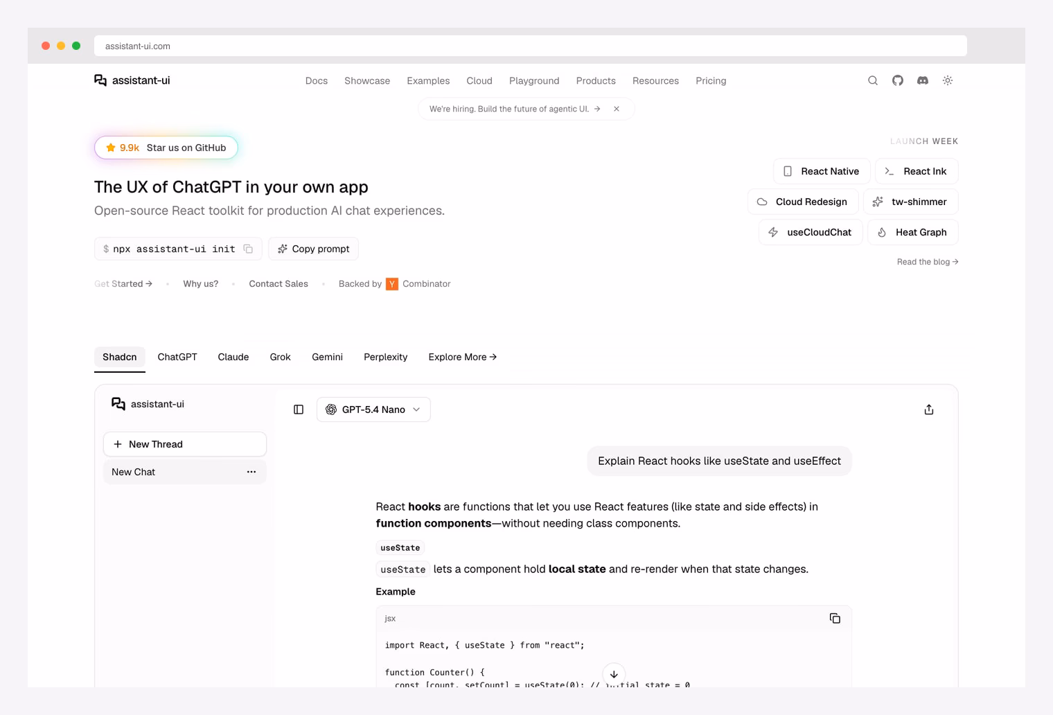 assistant-ui — composable shadcn/ui primitives for AI chat