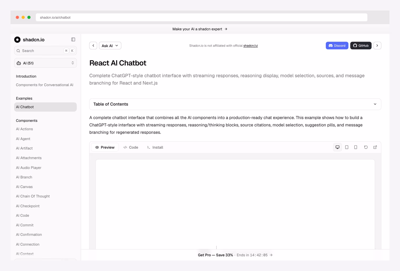 shadcn.io AI Chatbot — complete React AI chatbot component preview