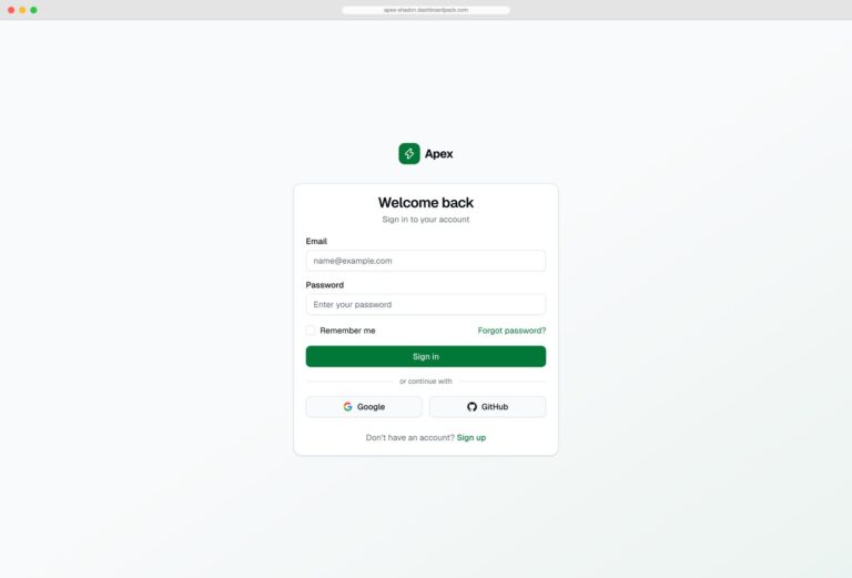 Apex Dashboard Sign In — shadcn/ui login page with social auth