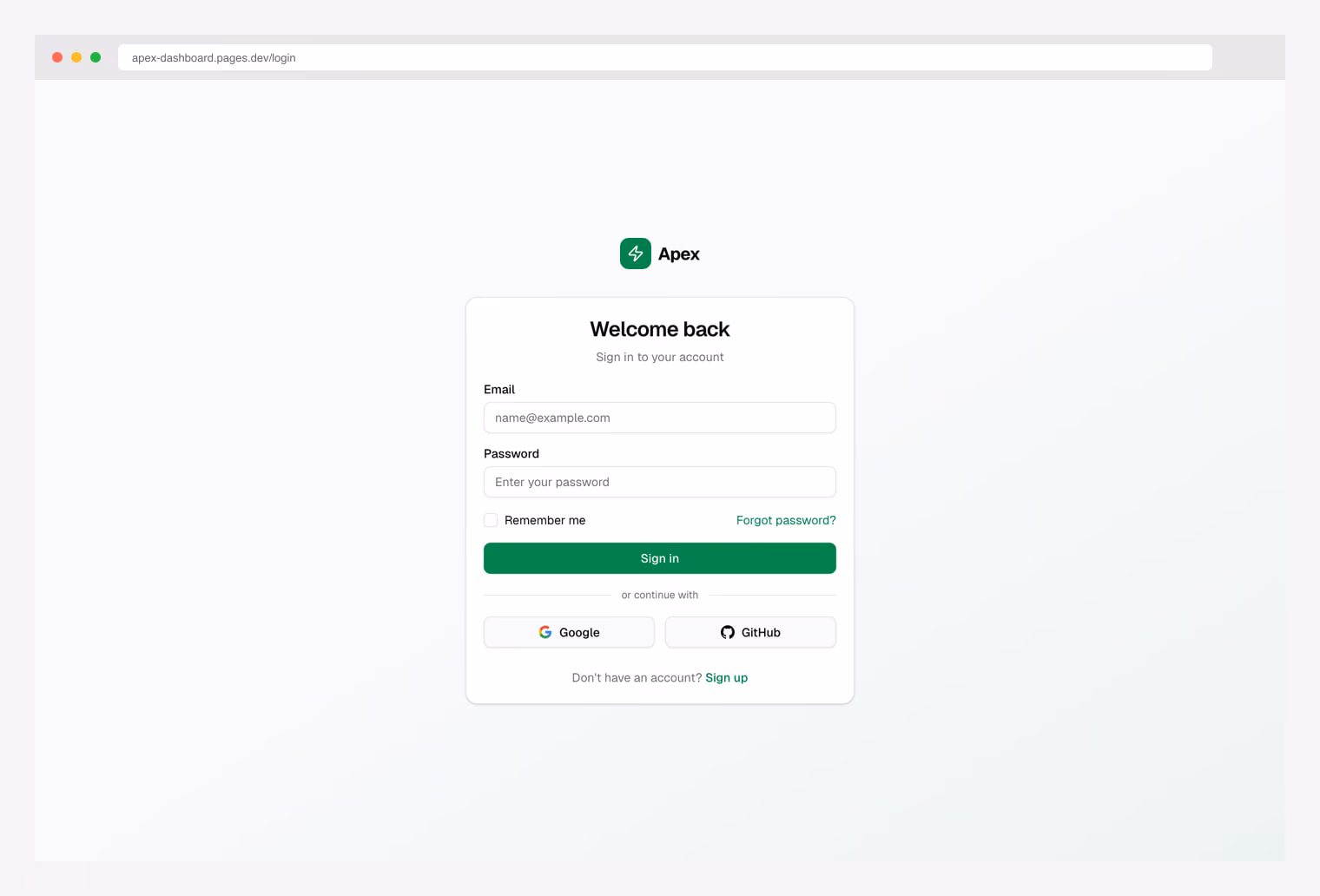 Apex Dashboard Sign In — shadcn/ui login page with social auth