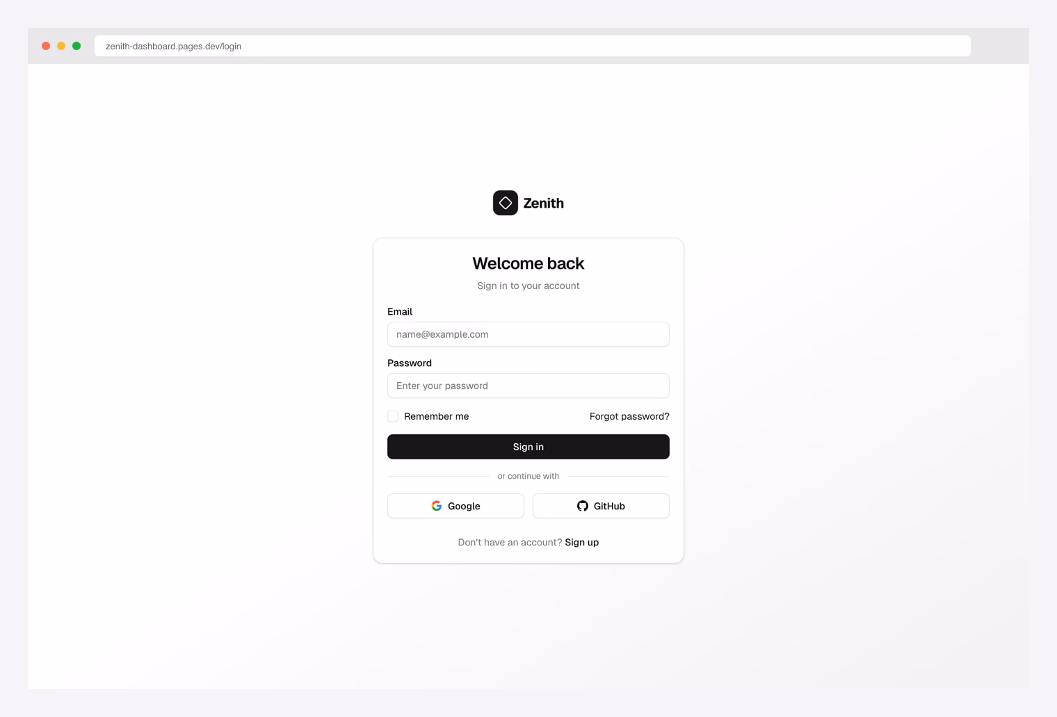 Zenith Dashboard Sign In — minimal achromatic shadcn/ui login page