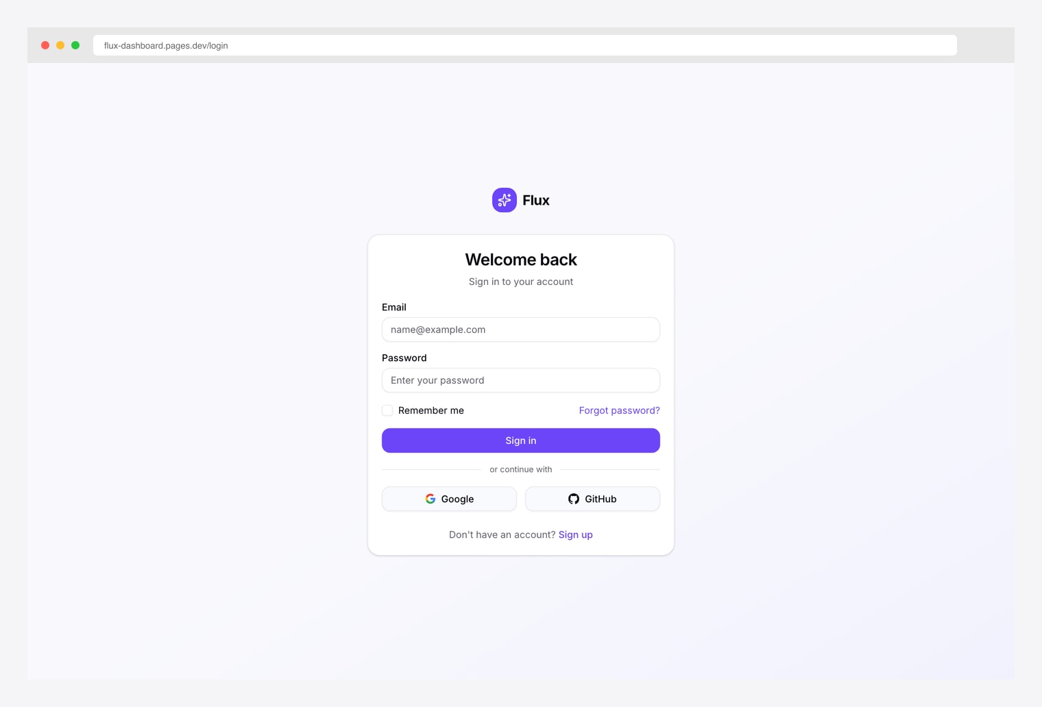 Flux Dashboard Sign In — bold purple-themed shadcn/ui login page