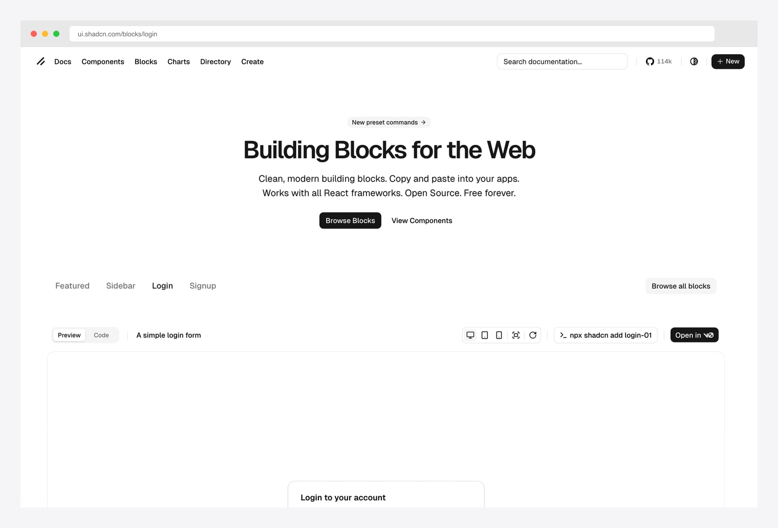 shadcn/ui Official Login Blocks — copy-paste authentication components