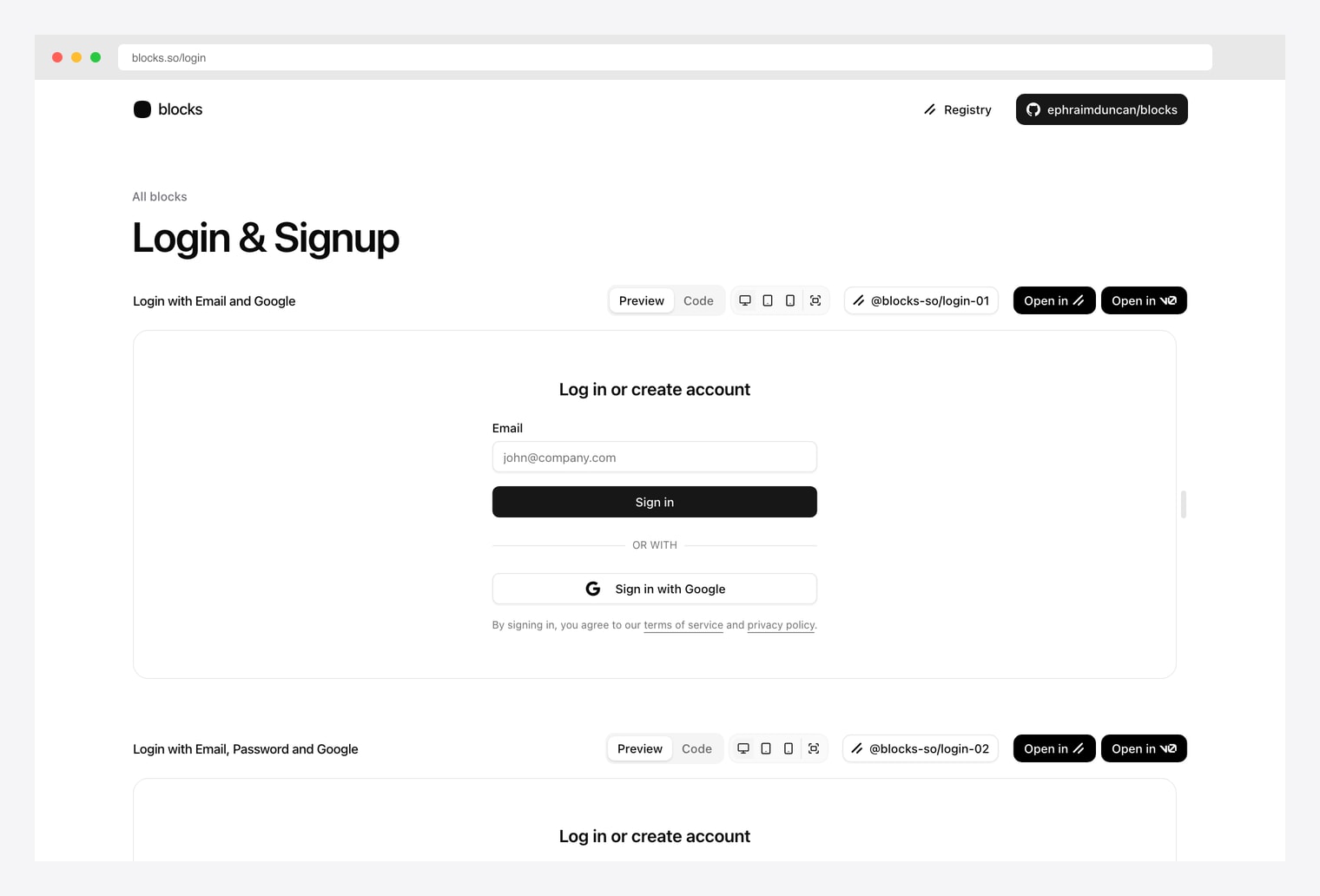 blocks.so Login & Signup — 9 free shadcn/ui auth blocks