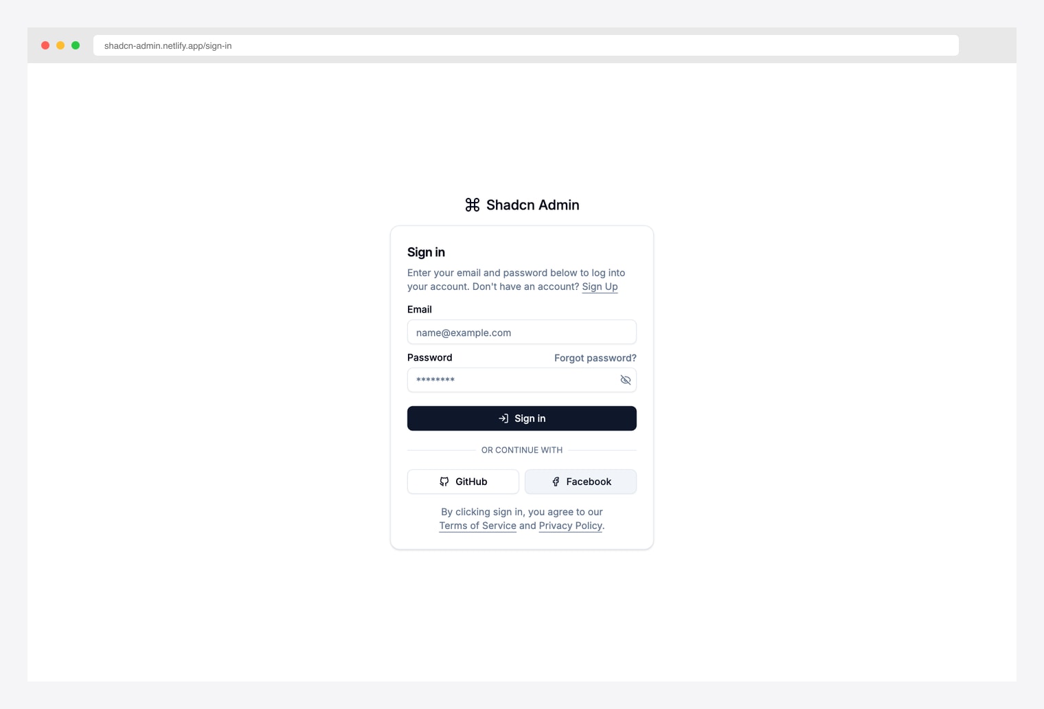 shadcn-admin Sign In page by satnaing — most-starred shadcn auth template