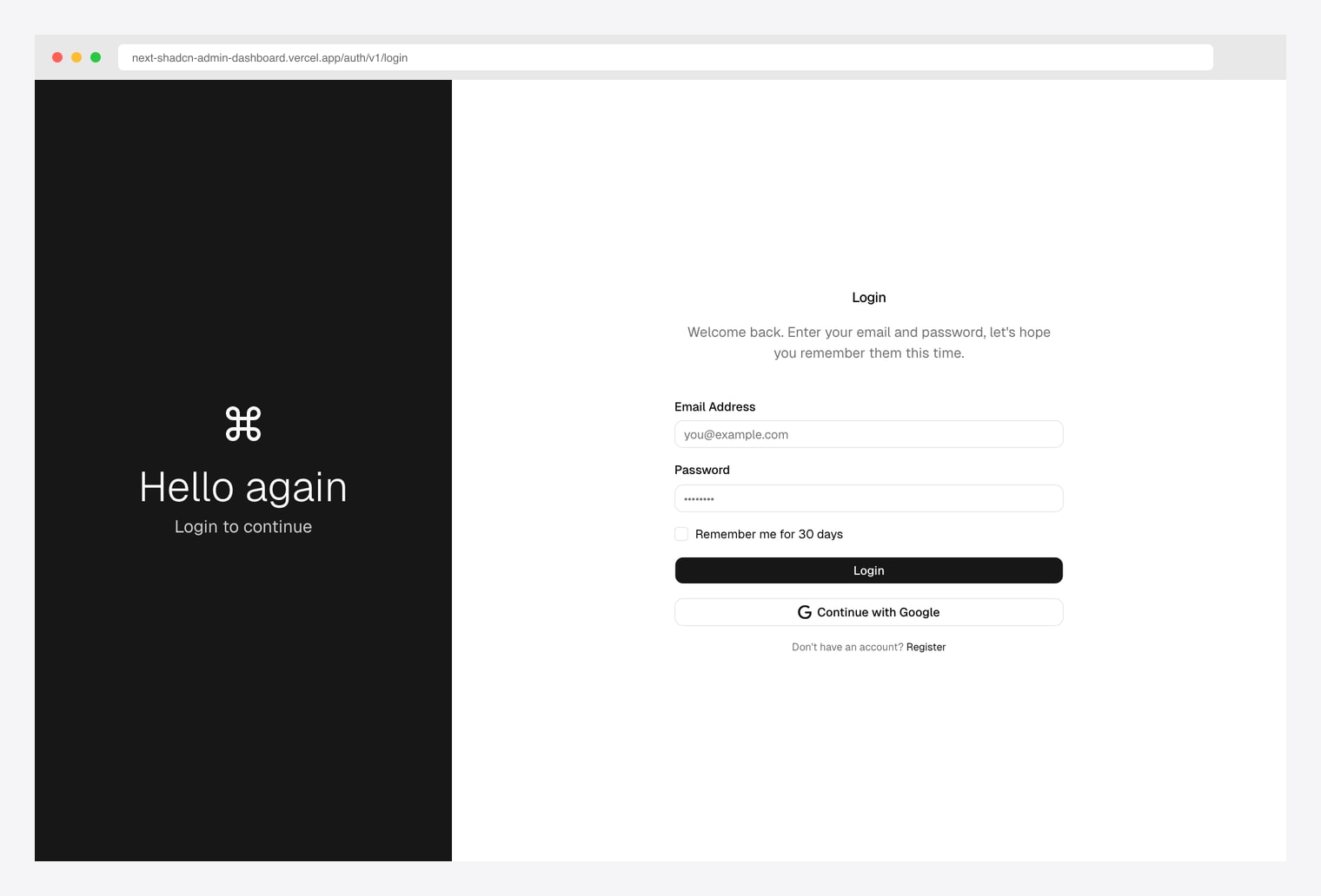 next-shadcn-admin-dashboard Login — split-screen shadcn/ui auth