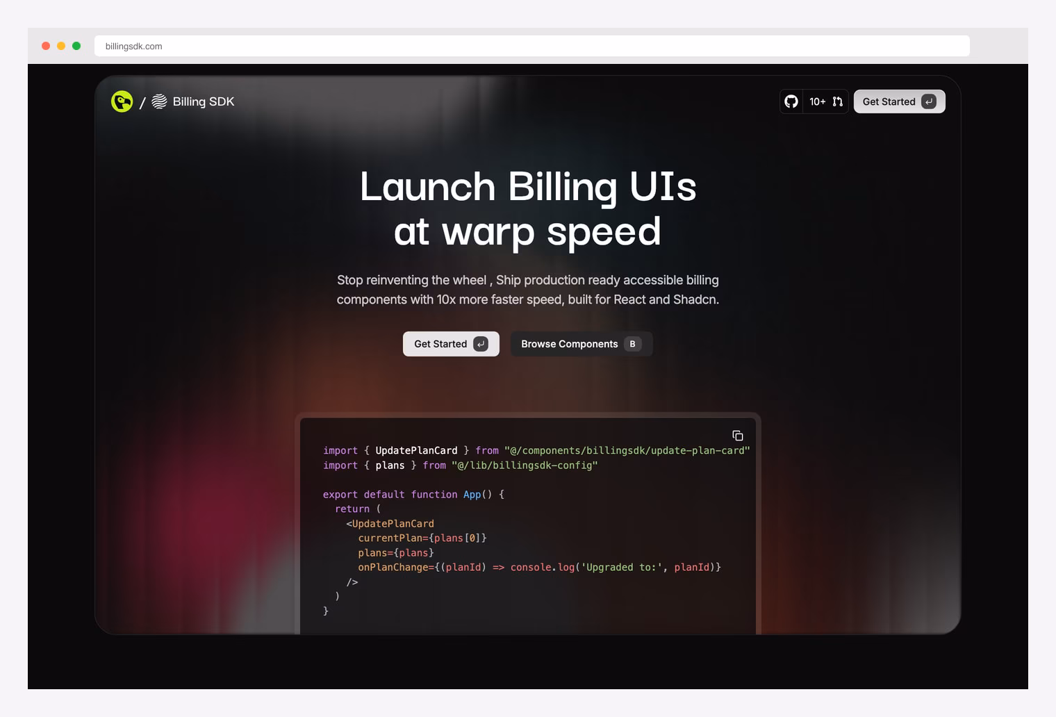 Billing SDK — open-source MIT billing component library with dark hero displaying Launch Billing UIs at warp speed headline, Get Started and Browse Components CTAs, GitHub star counter, and a code preview showing the UpdatePlanCard component import and usage