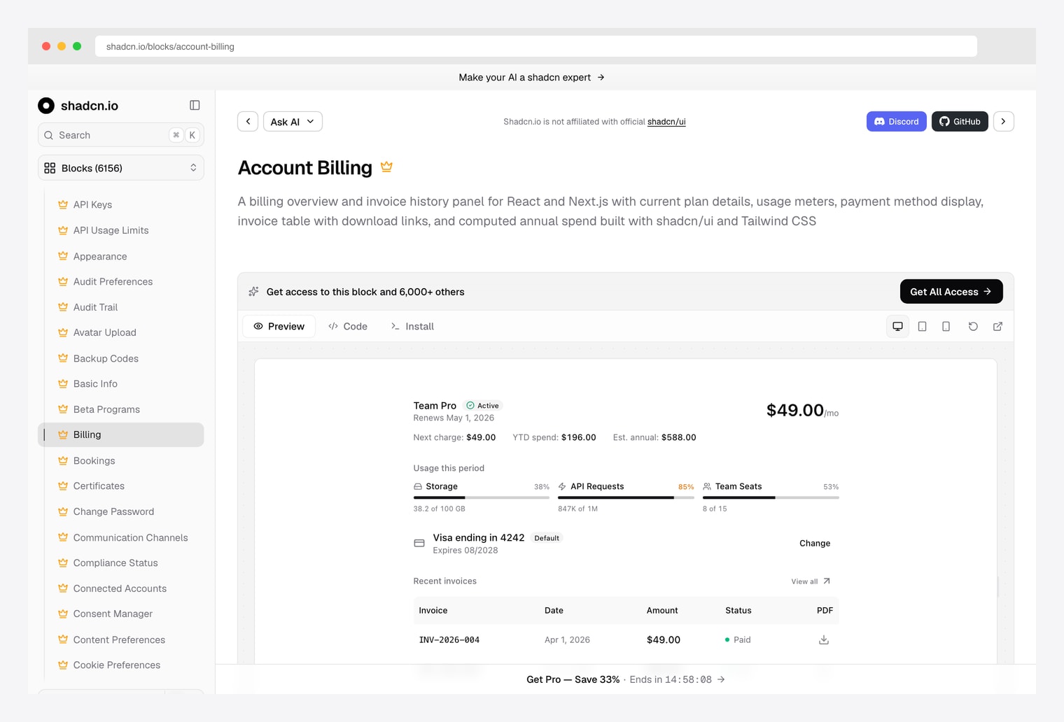 shadcn.io Account Billing block — React account-billing block for the shadcn registry showing current plan card, usage meter, invoice history table with download links, and payment method card with change option built with shadcn/ui