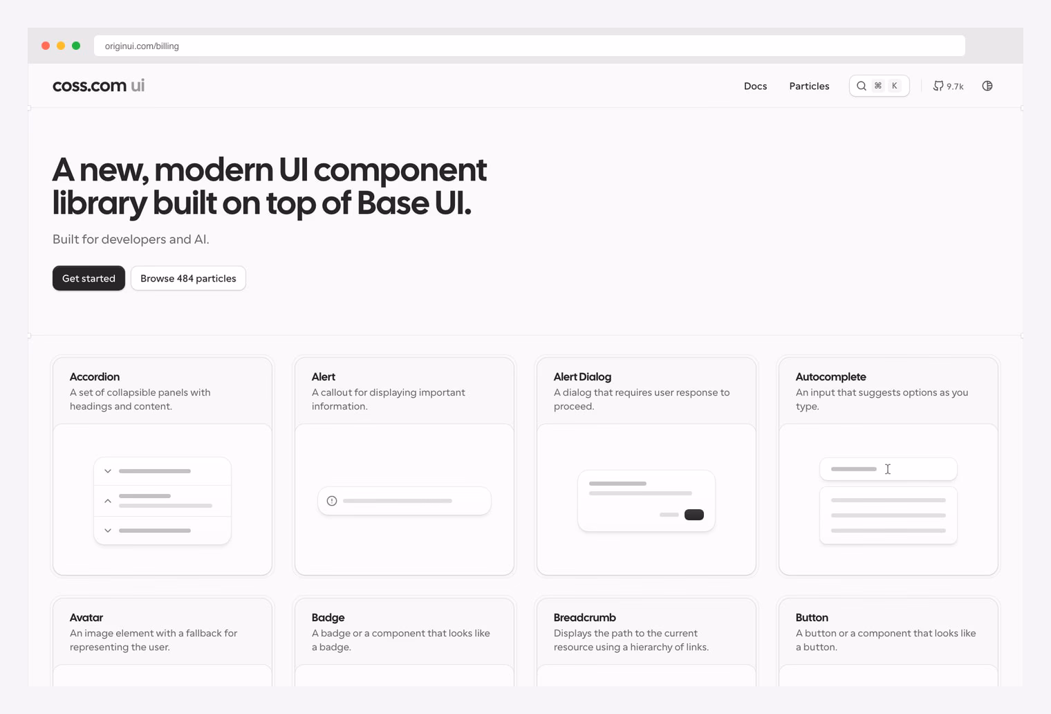 Origin UI Billing — MIT-licensed shadcn/ui billing components with current plan card, payment method display, and billing history table installable via the shadcn registry