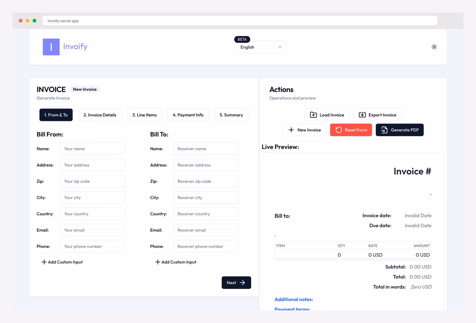 Invoify — open-source invoice generator built with Next.js + TypeScript + Tailwind + shadcn/ui showing a 5-step tabbed form (From and To, Invoice Details, Line Items, Payment Info, Summary), live invoice preview pane, Load Invoice / Export Invoice / New Invoice / Reset / Generate PDF action buttons, and English language selector