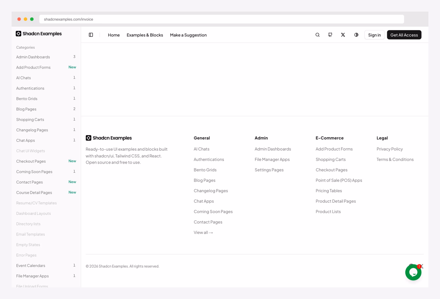 shadcnexamples Invoice — reference invoice-page UI with invoice header, bill-to and bill-from addresses, line-item table with quantity / rate / amount columns, subtotal / tax / total summary, and payment-terms section