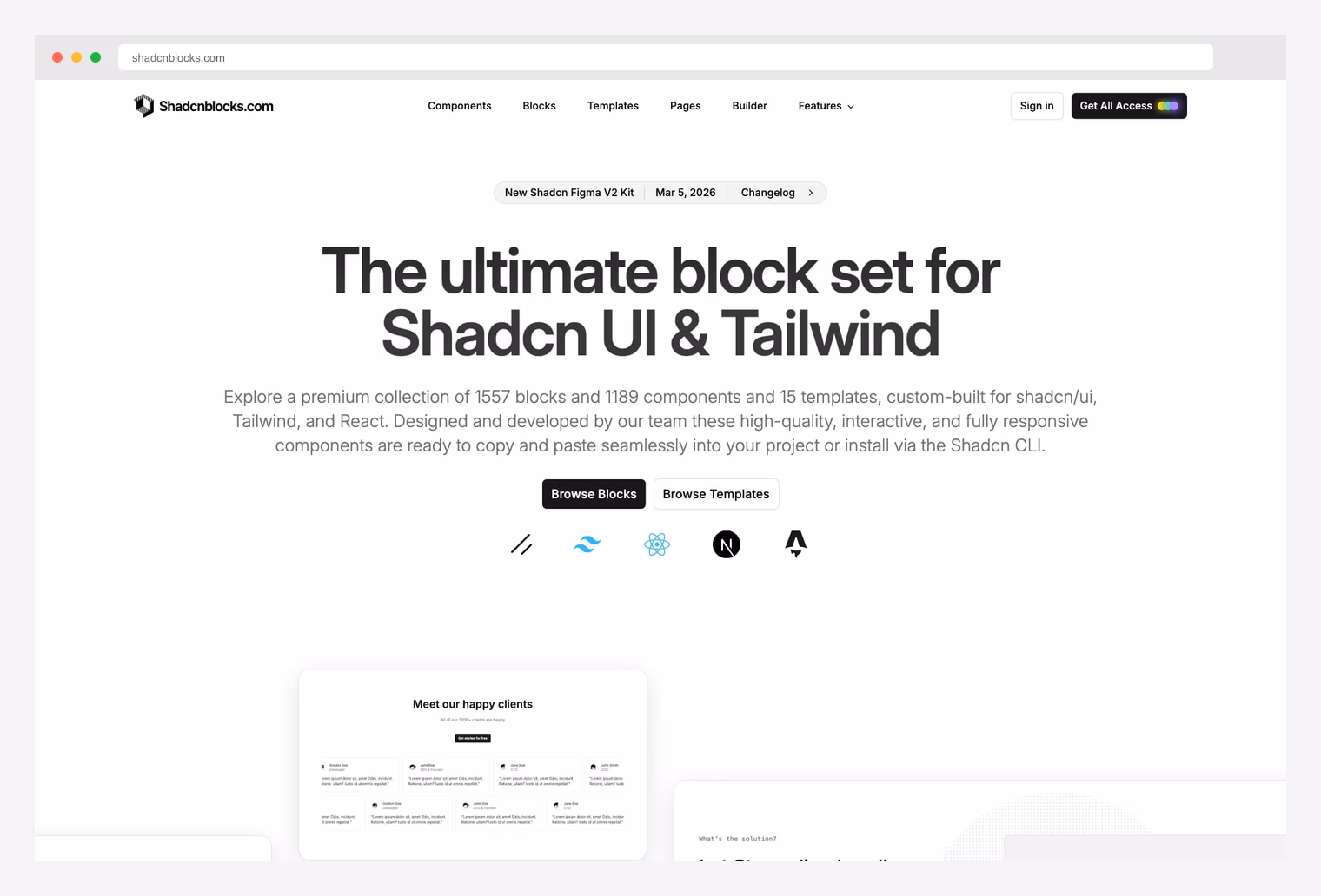 Shadcnblocks — premium shadcn/ui block set with 1,557 blocks and 15 templates