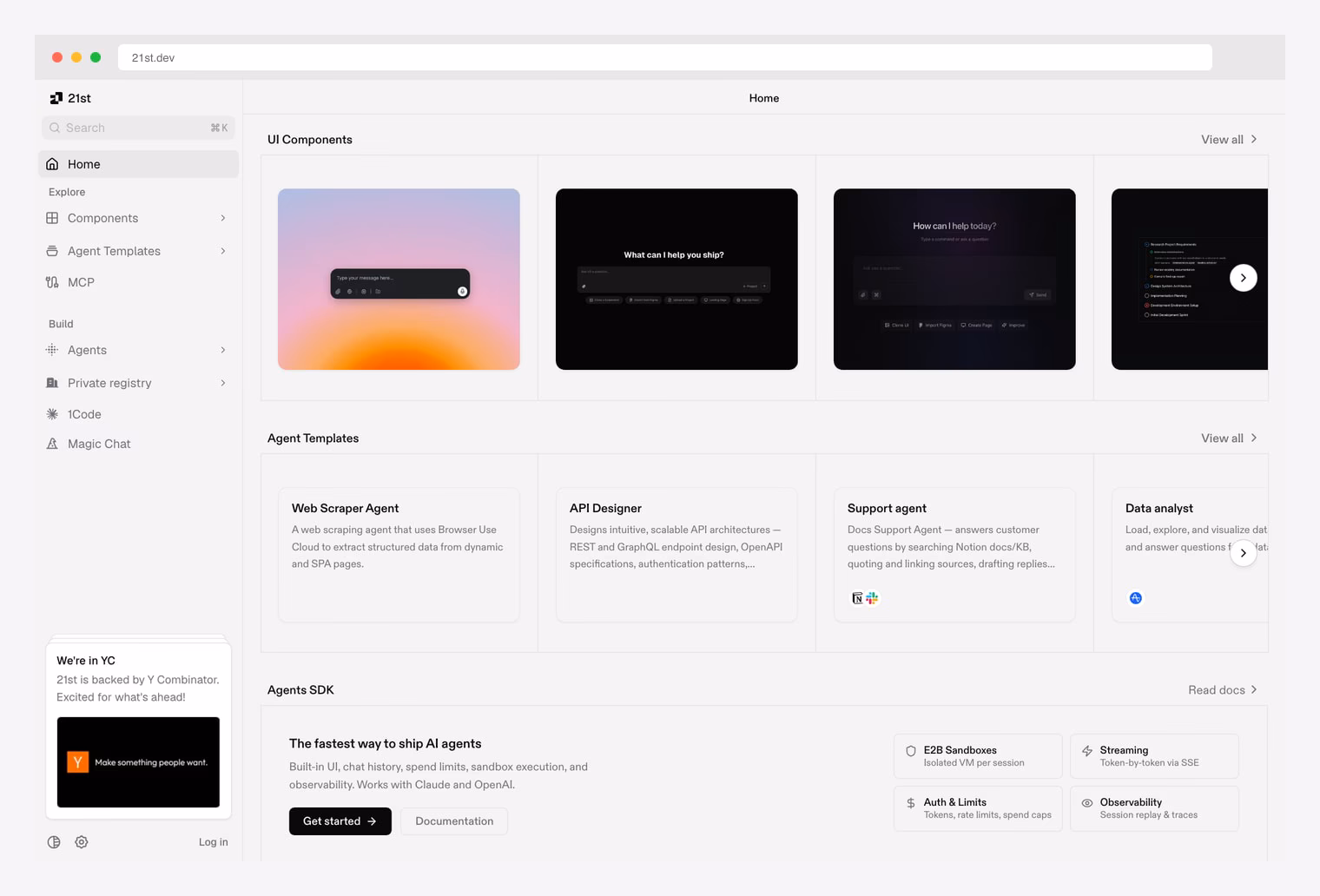 21st.dev — community shadcn/ui marketplace with components and agent templates