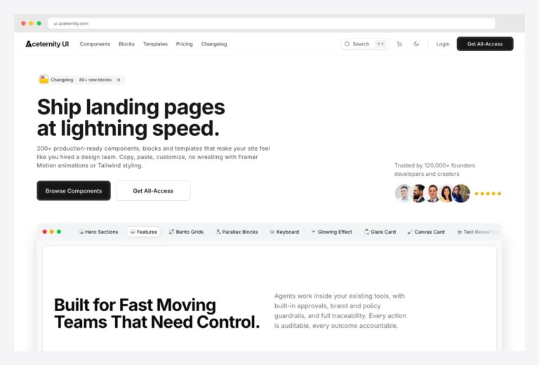Aceternity UI — motion-rich shadcn/ui blocks for landing pages