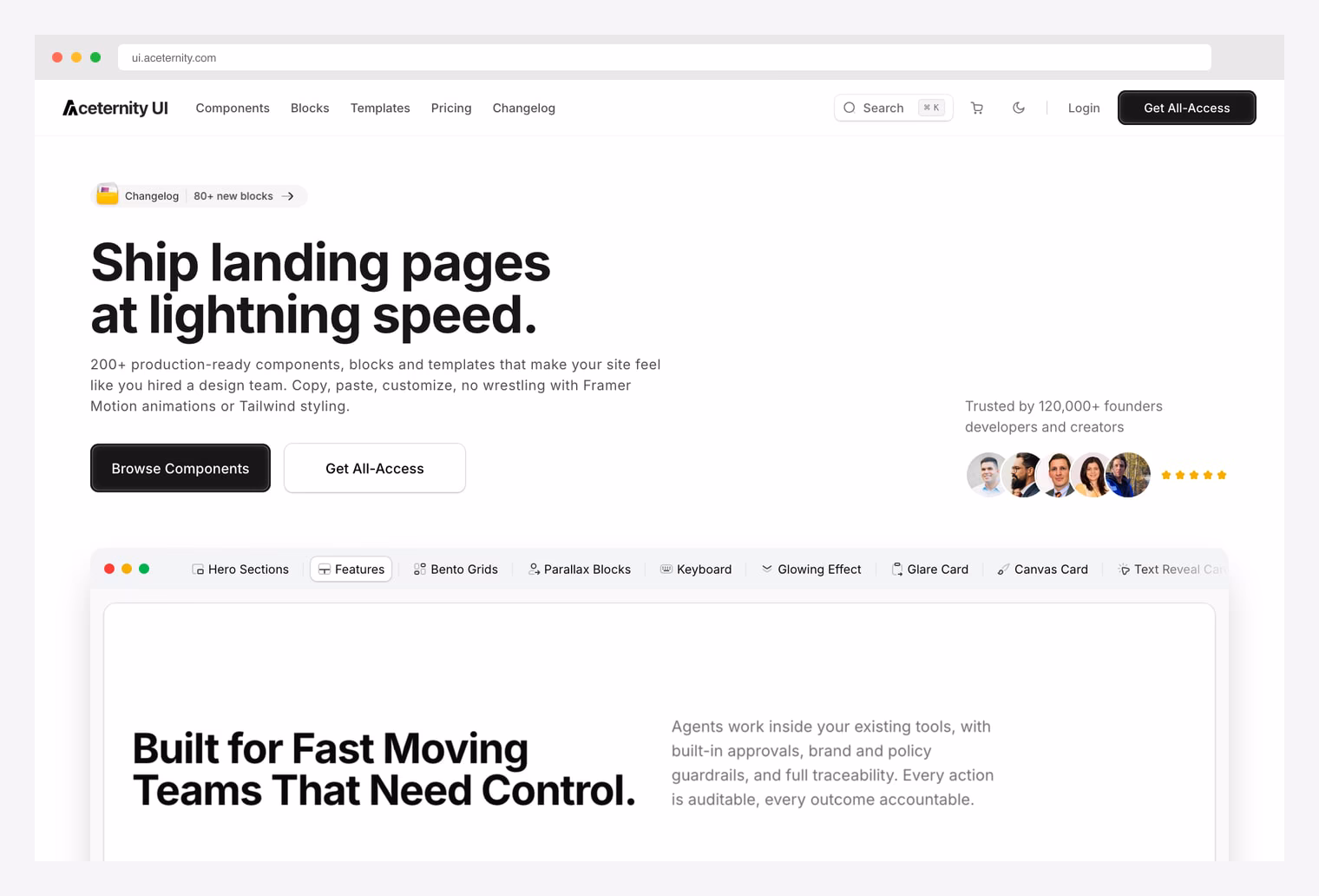 Aceternity UI — motion-rich shadcn/ui blocks for landing pages