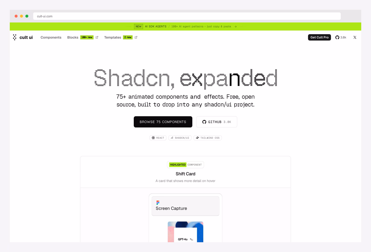 Cult UI — 75+ animated shadcn/ui components and AI patterns