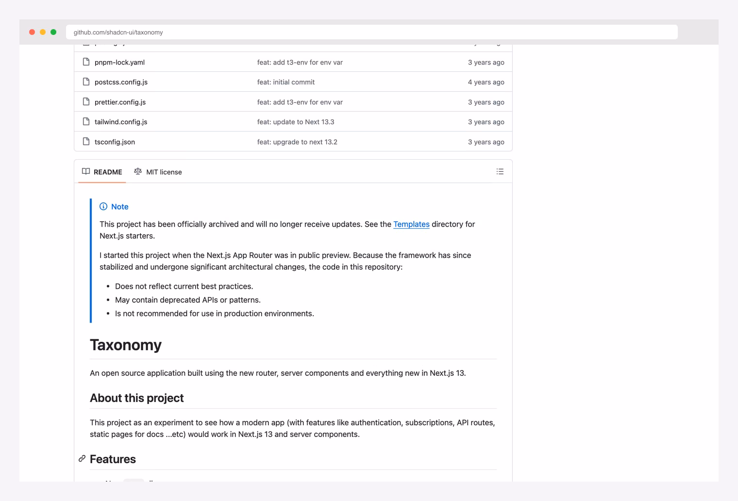 shadcn-ui/taxonomy on GitHub — the canonical Next.js example app by shadcn himself with MDX-powered blog and documentation, Prisma ORM, NextAuth.js authentication, Stripe subscriptions, and 19,200+ GitHub stars