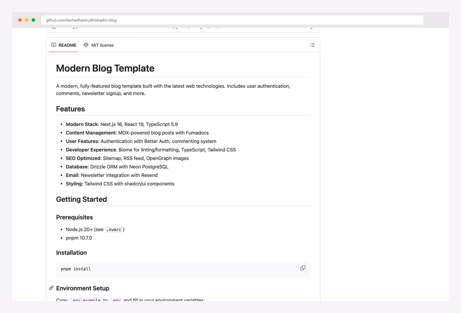 techwithanirudh/shadcn-blog on GitHub — blog template built using Next.js 15, shadcn/ui, and fumadocs with MDX-powered posts, Better Auth authentication, comments, Biome linting, TypeScript, Tailwind CSS, sitemap and RSS feed