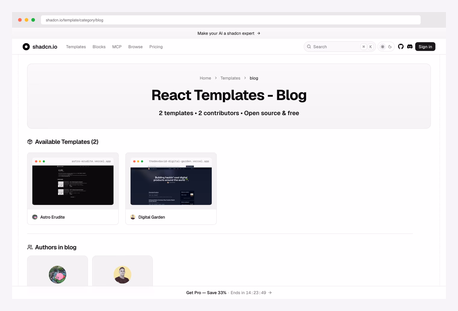 shadcn.io React Templates Blog category — curated open-source shadcn blog templates with Next.js and Astro options
