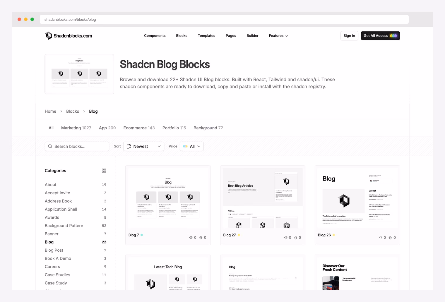 Shadcnblocks Blog — shadcn/ui blog block library with hero variants, post grid layouts, post detail templates, author cards, and category filters built with React, Tailwind, and shadcn/ui