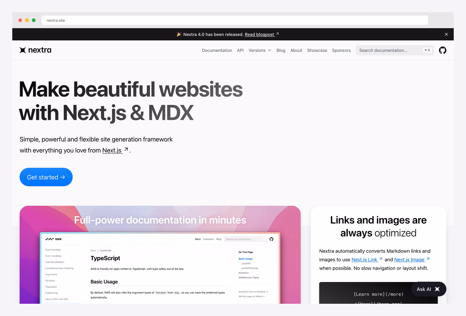 Nextra — Next.js documentation and blog framework with MDX support, popular shadcn-compatible themes, dark mode, search, table of contents, and built-in SEO