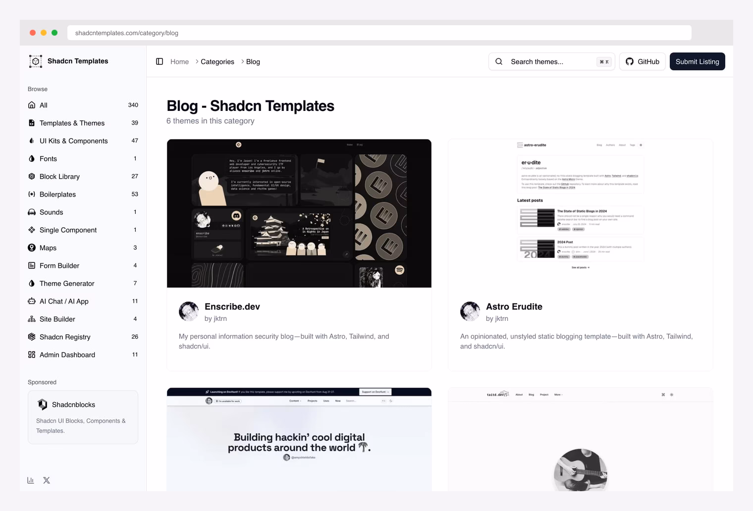 shadcntemplates.com Blog category — curated catalog of shadcn/ui blog templates with grid view, framework filters, and direct links to live demos and source code