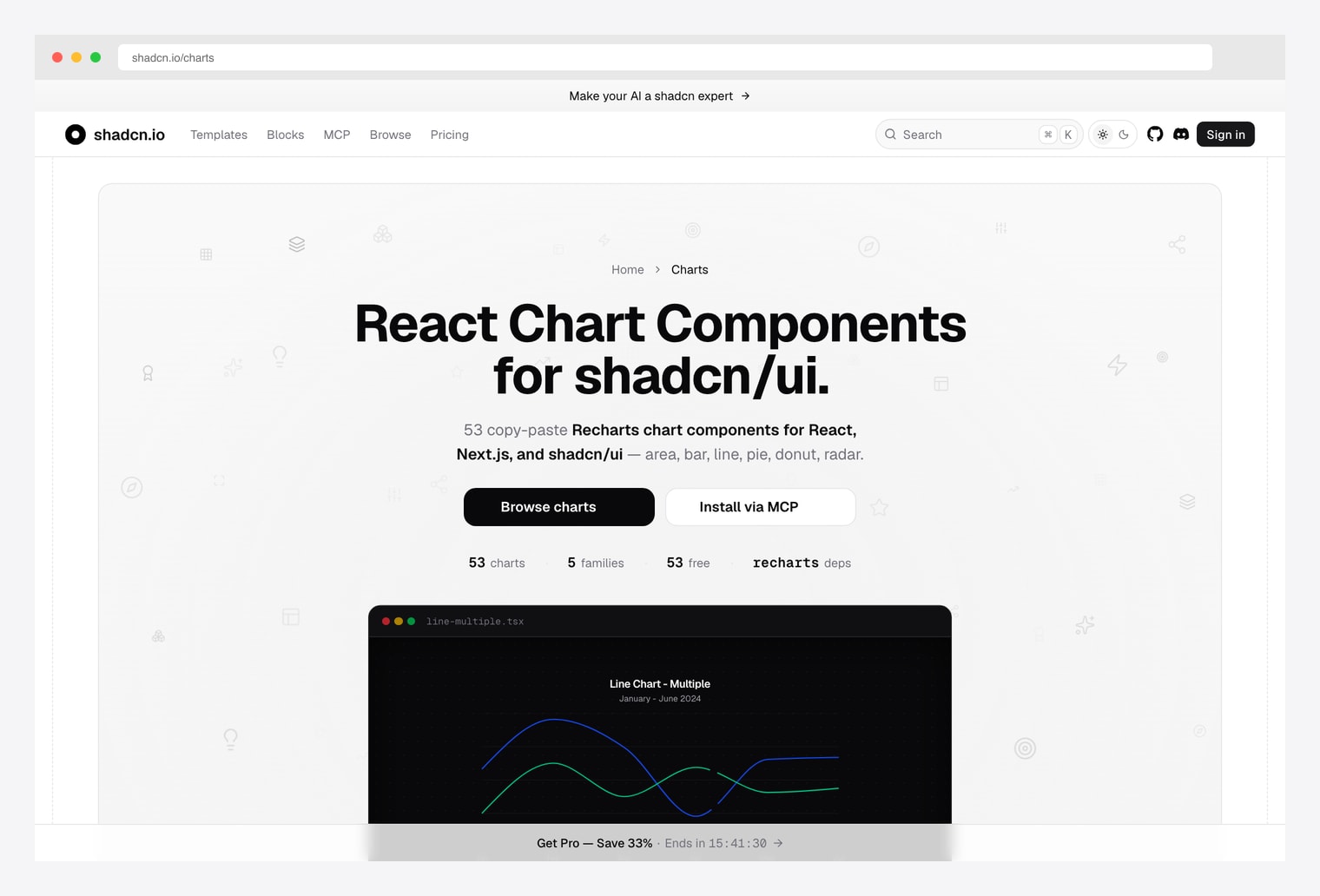 shadcn.io Charts — 53 copy-paste Recharts chart components for React, Next.js, and shadcn/ui across area, bar, line, pie, donut, and radar families, with an MCP server for AI-assisted installation