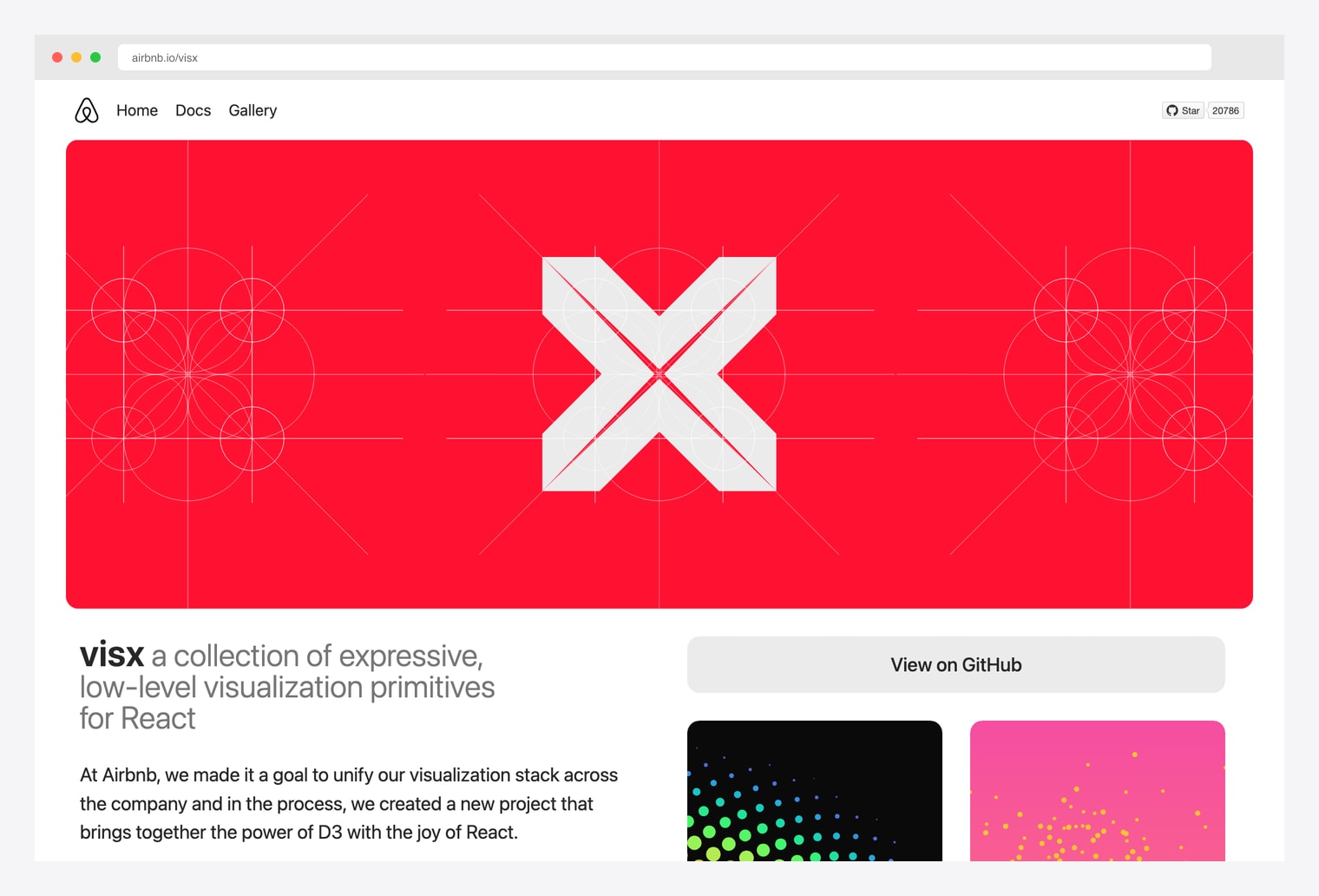 Visx by Airbnb — a collection of expressive, low-level visualization primitives for React, combining the power of D3 with the joy of React, with a live gallery of chart examples and 20,786 GitHub stars