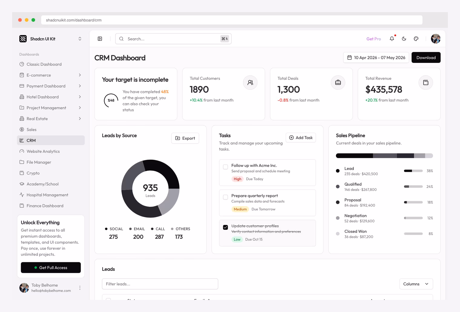 Shadcn UI Kit CRM — premium shadcn/ui CRM dashboard template